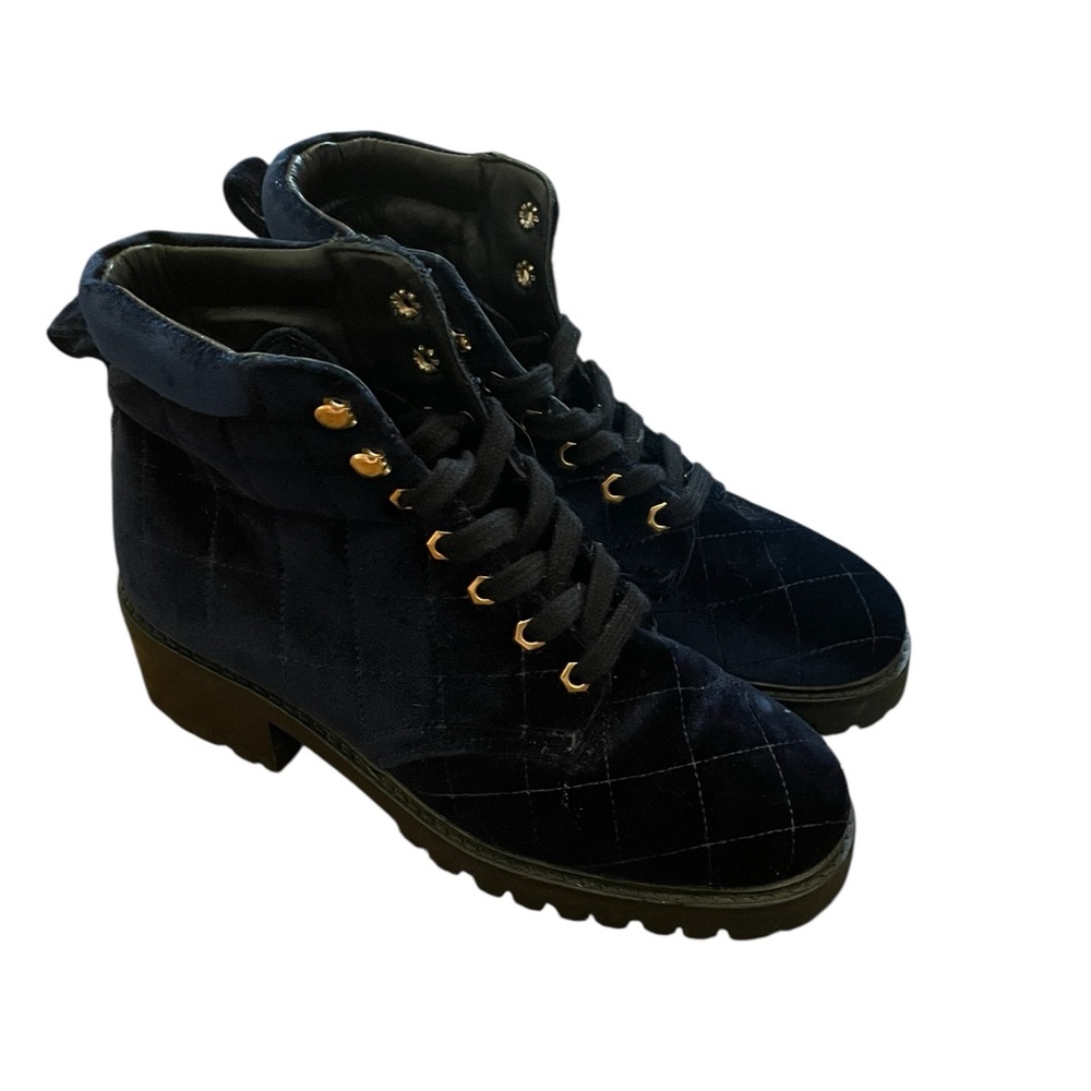 SANDRO Paris Aron Blue Quilted Velvet Combat Hiker Boots - Picture 2 of 15